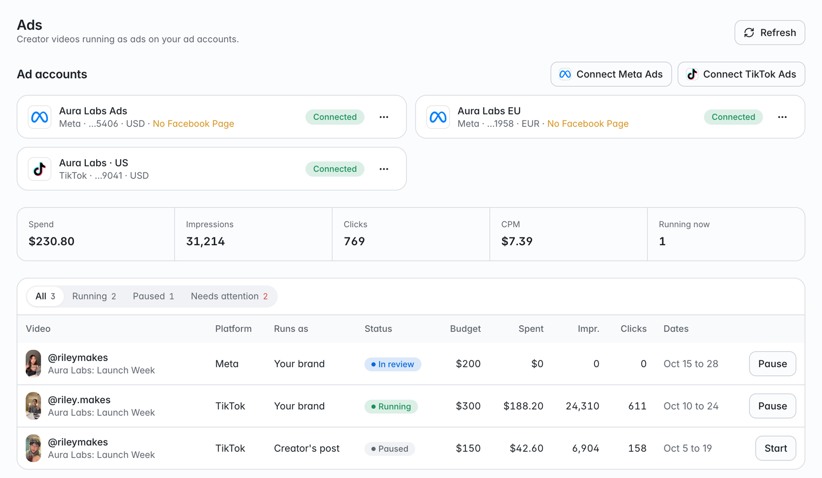 The Ads page with connected Meta and TikTok ad accounts, total spend, and a table of ads