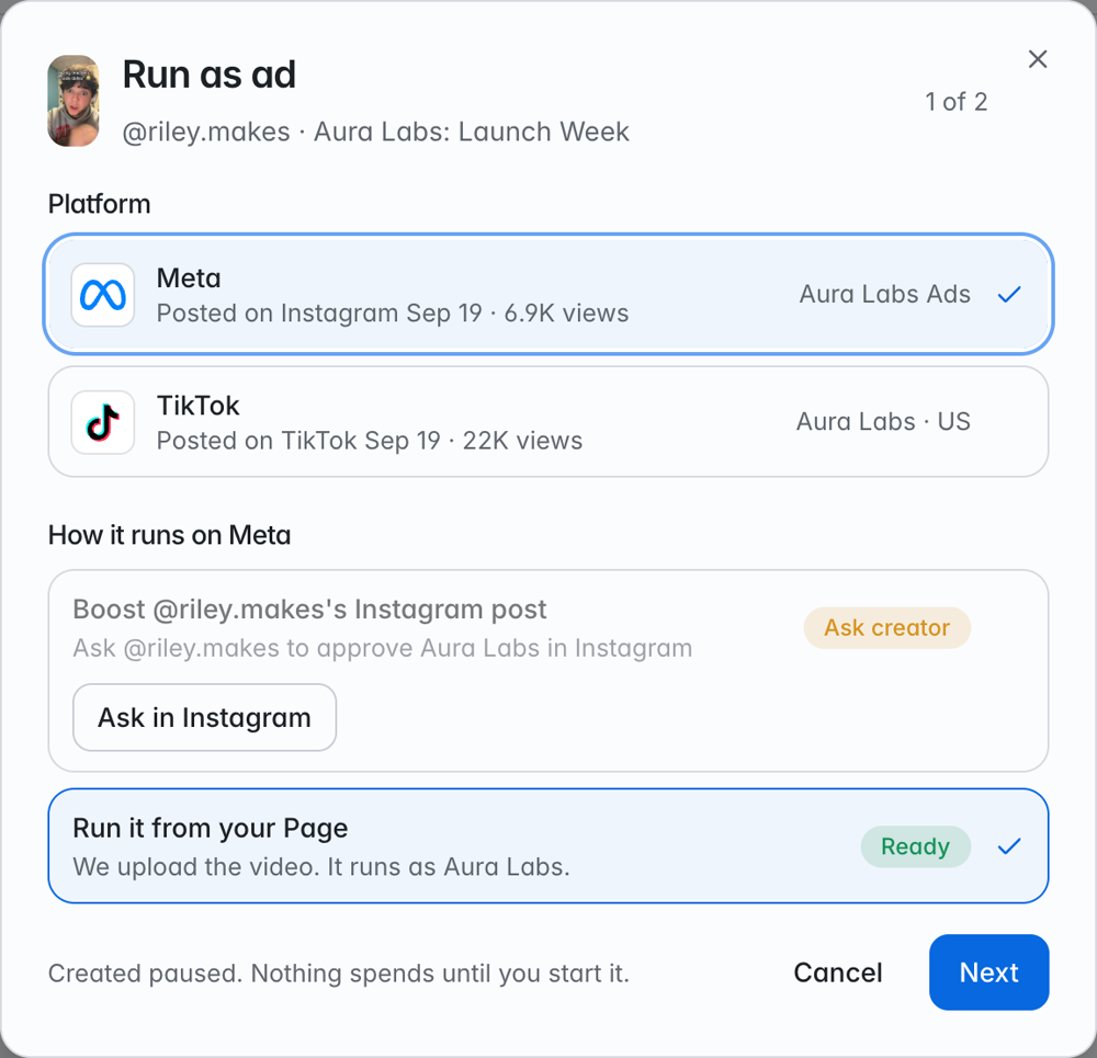 Run as ad with Ask creator on the creator's Instagram post and an Ask in Instagram button