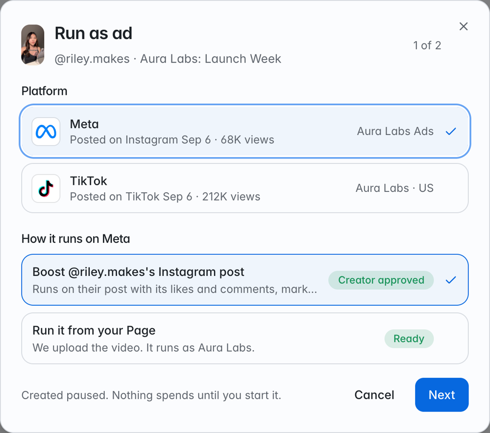 Run as ad, step 1: Meta selected, the creator's Instagram post approved, and Run it from your Page ready